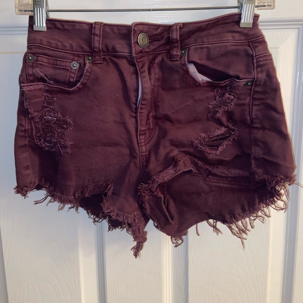 burgundy american eagle distressed denim shorts